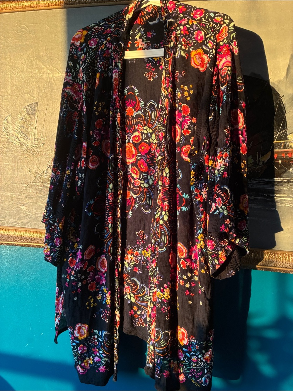 Patrons of Peace Black Floral Open Front Kimono with Multicolor Blooms